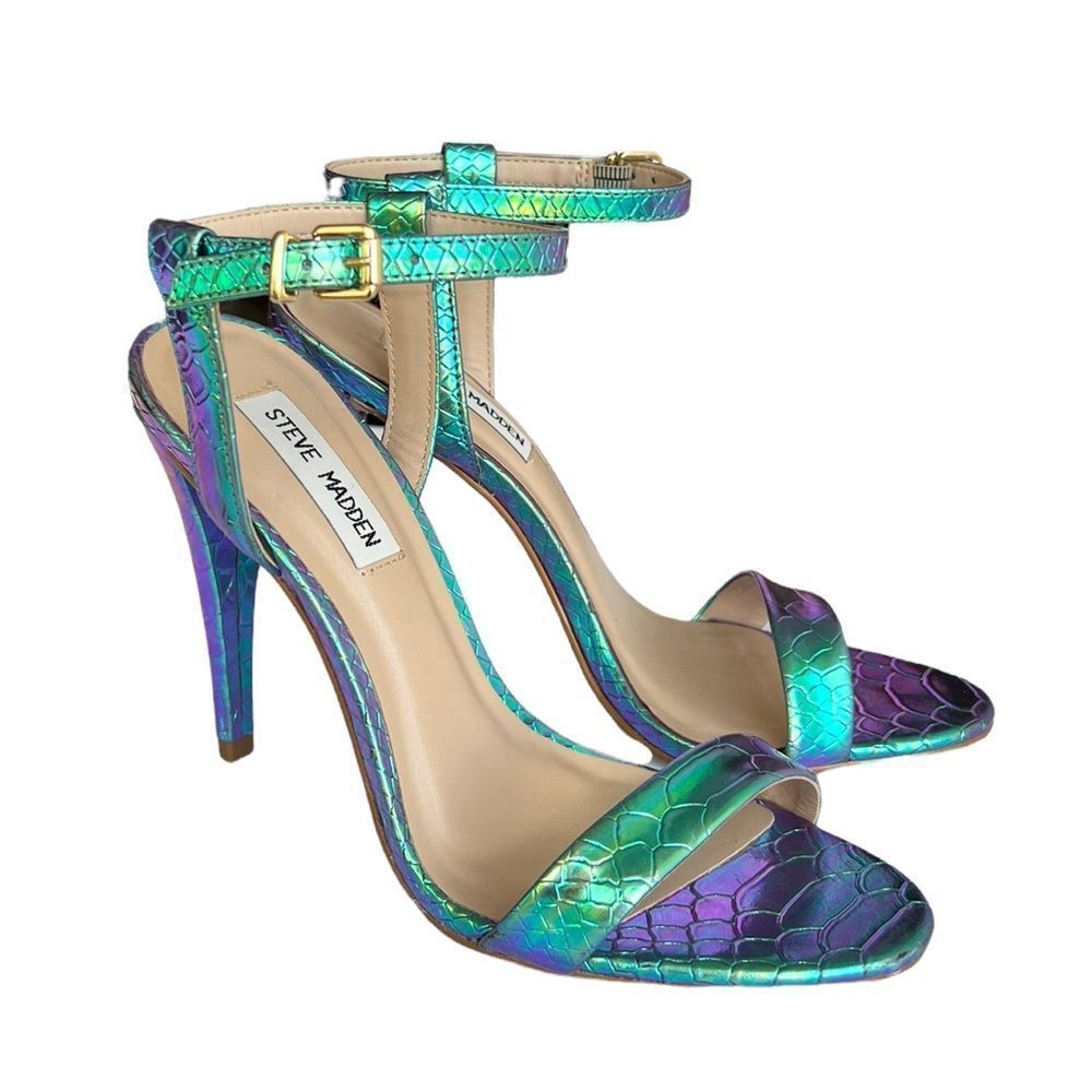 Steven Madden Carmelina Turquoise Metallic Snake-Embossed Sandal - Picture 8 of 16